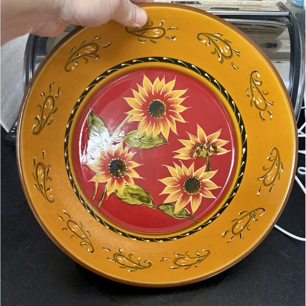 Pier 1 Imports Terracotta Sunflower Hand painted Serving Bowl 11.5